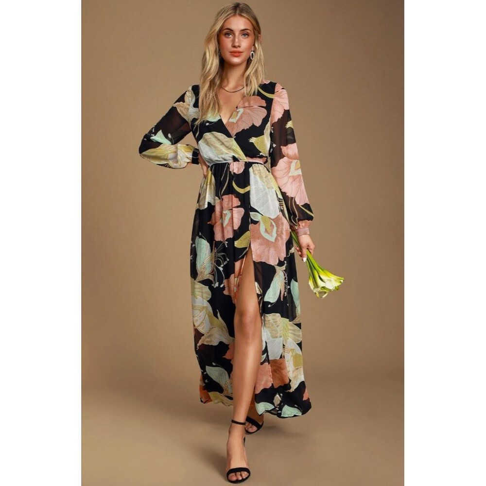 Lulus Wondrous Water Lilies Maxi Dress Women's Small Black Floral Print Pastel